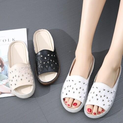 Tilocow Genuine Leather Summer New Fashion Slippers Womens Flat With Hollow Out Shoes Woman Flat with Women Shallow Fip Flops