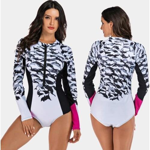 One Piece Swimsuits for Women, Bathing Suits Long Sleeve Printed Zipper Surfing Swimwear 48