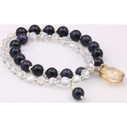 Bohemia Double Bangle 6mm Natural Stone Crystal Glass Women Yoga Jewelry Beaded Bracelet Elastic Rope Chain 14.5inch Y1030