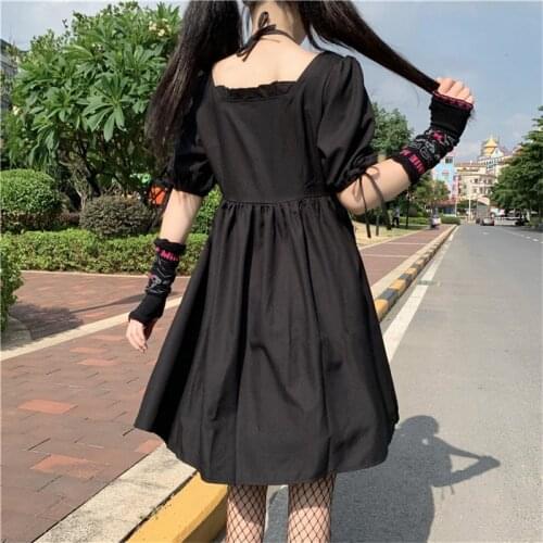 Vintage Kawaii Black Preppy Style Women Dress 2020 Summer Ladies Square Collar Ruffles Lace Up Bow Red Tie Party Dress Vestidos