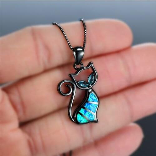 Vintage Black Gold Color Chain Necklace Trendy Hollow Tiny Cat Pendant Necklace Cute Female Blue Opal Animal Necklaces For Women