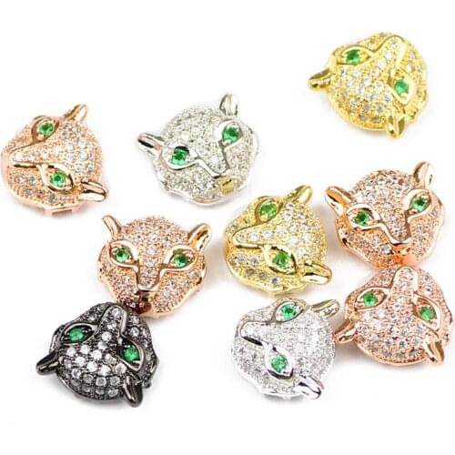 YHBZRET 4pcs White Zircon Green eyed leopard head Copper Spacer bead Charms Loose beads for Jewelry making bracelets DIY Finding