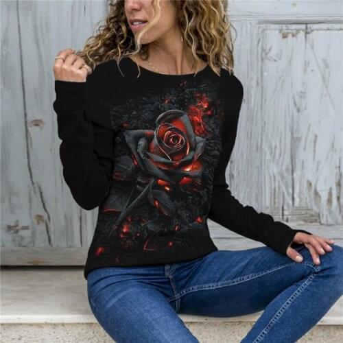 Vintage Rose Floral Printing T-Shirt Womens Clothing 2021 Summer Autumn New Oversized Tops Long Sleeve Casual Tee Shirt Ladies