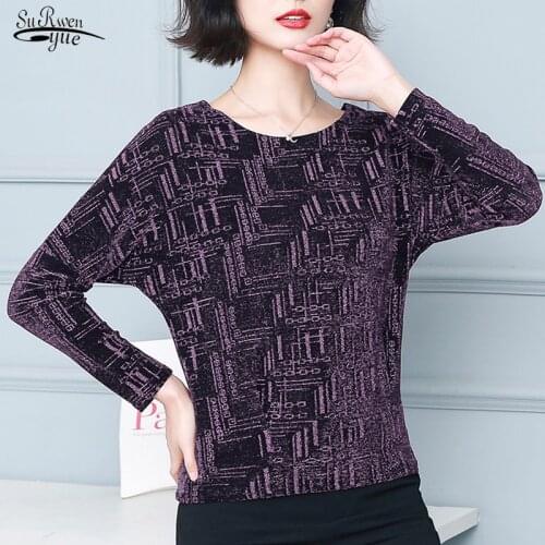 2021 New Spring and Autumn Women Blouse Elegant Knitted Tops Female Vintage Glitter Shirt Fashion Print Female Clothing 15773