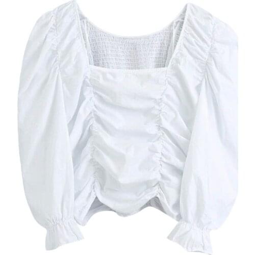 Klacwaya Women 2020 Fashion Elastic Smocked Ruffled Cropped Blouses Vintage Square Collar Lantern Sleeve Female Shirts Chic Tops