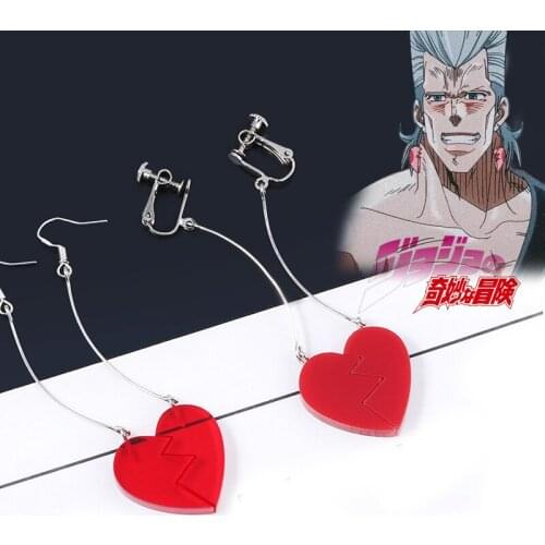 Anime JoJos Bizarre Adventure Splice Heart Drop Earrings Pierre Polnareff Kakyoin Noriaki Cherry Ear Clips For Women Men Gift