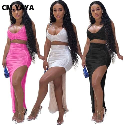 Cm.yaya women stacked two 2 piece set sexy club crop tops and high side split maxi midi skirts beach fitness outfit matching set