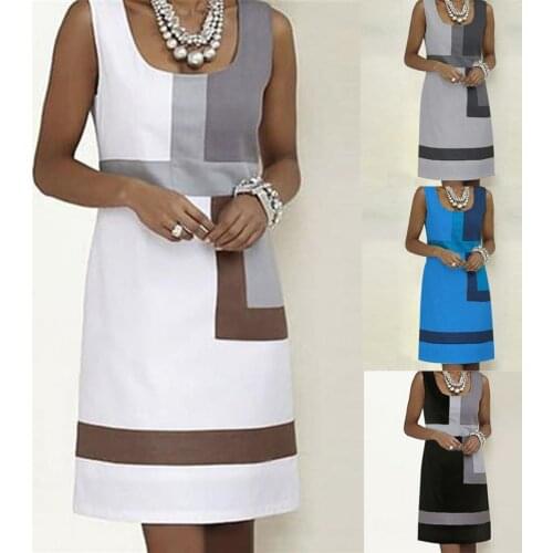 &35 Women Casual Dress Shift Geometric Print Dress O-neck Sleeveless Mini Dresses Spring Summer Short Sleeve Dress