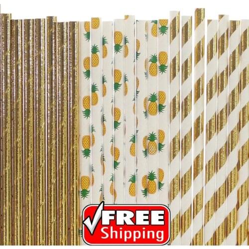 150pcs Mixed 3 Styles Summer Pool Themed Paper Straws-Gold Foil,Plain,Solid Color,Stripe,Pineapple-Birthday Party Baby Shower