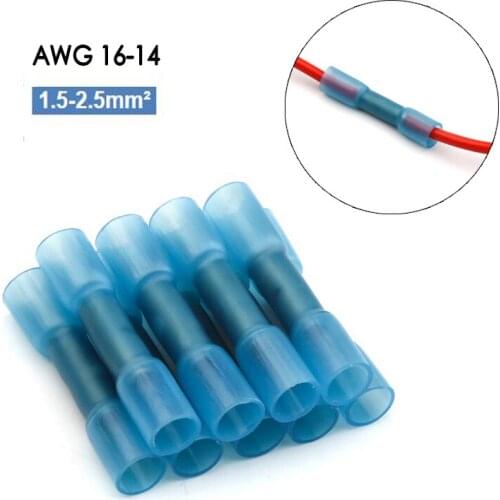 20pcs 16-14 AWG 1.5-2.5mm2 Blue Seal Heat Shrink Connectors Butt Wire Crimp Splice Terminals For Sizes Cable Wire Waterproof