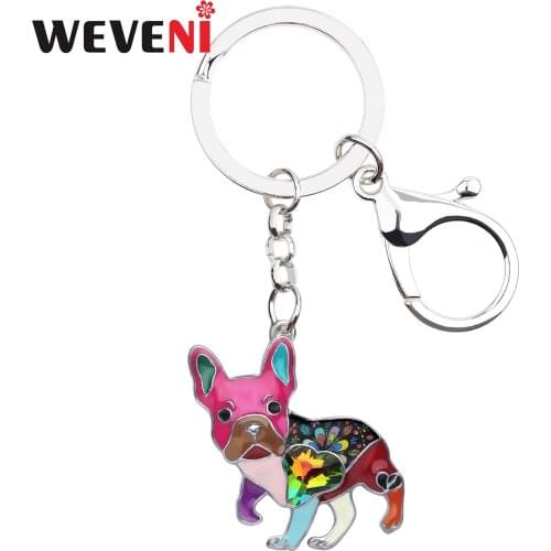 WEVENI Enamel Alloy Rhinestone French Bulldog Pug Dog Key Chains Keychain Animal Jewelry For Women Girls Bag Car Charms Gift Pet