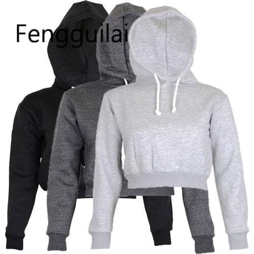 FENGGUILAI Autumn Women Hoodies Solid Crop Hoodie Long Sleeve Jumper Hooded Pullover Coat Casual Sweatshirt Top Sudaderas Mujer