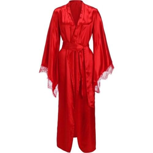 Women Sexy Lace Satin Kimono Long Robe Bathrobe Lingerie Sleepwear Belt Pajamas Solid Silk Robes For Women Satin Sleepwear