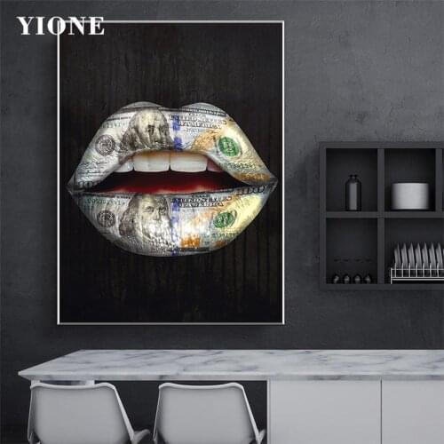 Fun Mouth Art Paintings on Canvas Money Banknotes Lip Modern Posters and Prints Wall Pictures for Living Room Bedroom Decoration