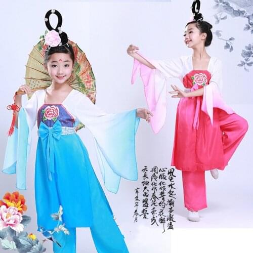 Girls Embroidery Gradient Color Chinese Folk Dance Costumes Children Fan Yangko Classical Dance Stage Performance Clothing