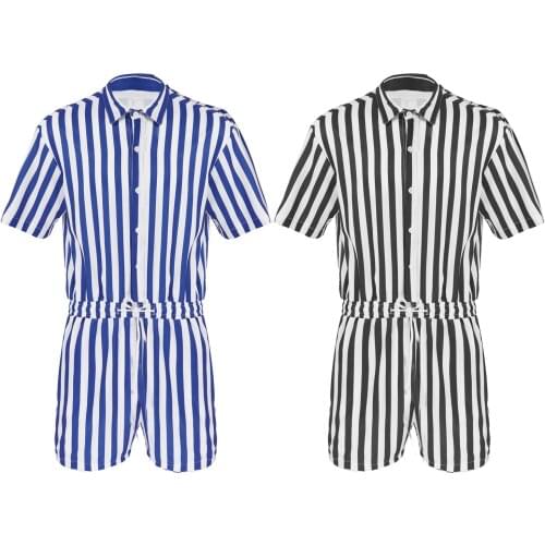 New Men Summer Shirt Jumpsuit Stripes Print Front Buttons Elastic Waist Drawstring Shorts Bodysuit Sport Workout Gym Casual Wear