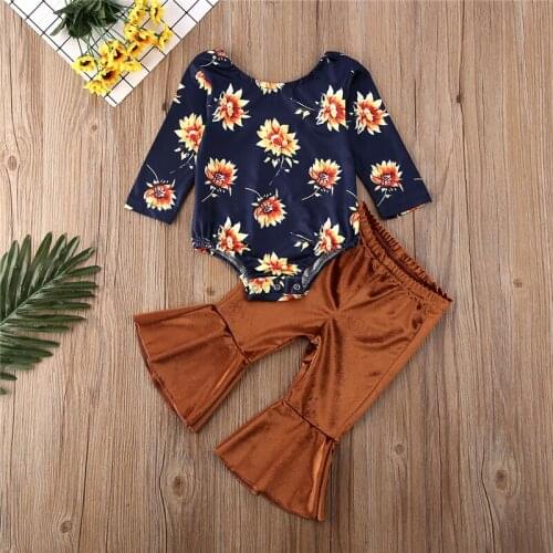 2PCS Toddler Kids Baby Girls Floral Print Bodysuit Tops Velvet Flare Pants Autumn Winter Outfits Clothes 0-24M