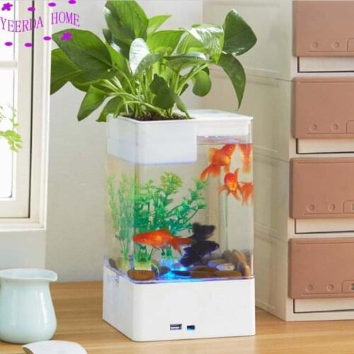 Multicolour Fish tank with LED light + USB Mini Small acrylic plastic Aquarium Office desk transparent Fish bowl Originality