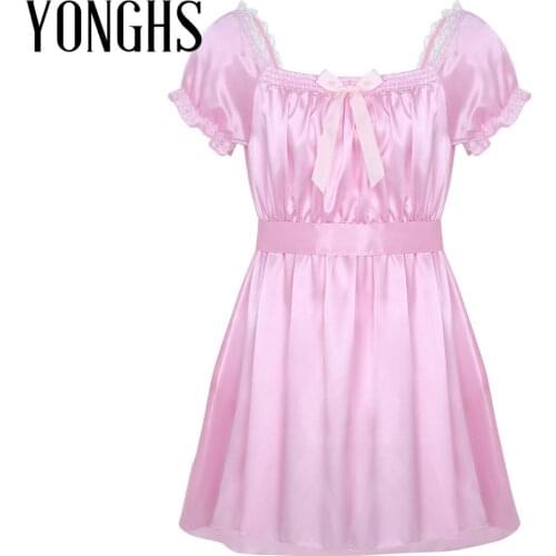 Mens Crossdress Lingerie Dress with Sash Nightwear Sex Costume Underwear Square Neckline Shiny Soft Satin High Low Design Dress