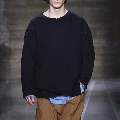Yamamoto mens woolen coat round neck loose collarless