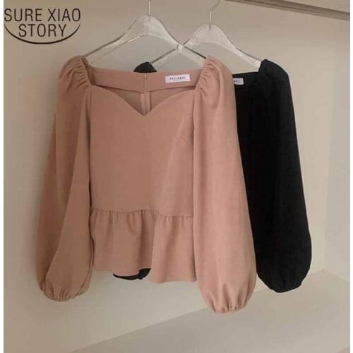 2021 Spring New Loose Short Tops Lantern Sleeve Korean Style Shirt Ruffle Stitching Female Autumn Square Collar Shirt Solid Slim