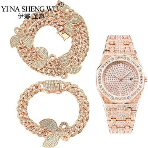 Hip Hop Necklace+Watch+Bracelet Miami Curb Cuban Chains Gold Color Iced Out Paved Rhinestone Rapper fashion Jewelry For Men 12mm