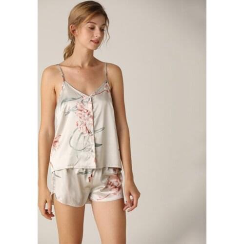 The New Imitation Silk Pajamas Suit Suspender Shorts Two-piece Casual Home Service Pajamas for Women Pyjamas Women Sleep Tops