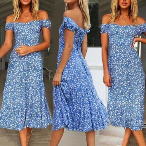Dresses for women 2021 Off Shoulder Print Puff Short Sleeves Lacing Slim Midi Dress Sundress for Beach Summer Womens Clothing