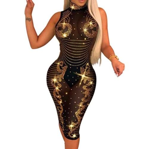 2019 Stunning Gold Crystal Embellished Dress Stretchy Sleeveless Metal Crystal Sequined Mesh Dress Night Out Clubwears