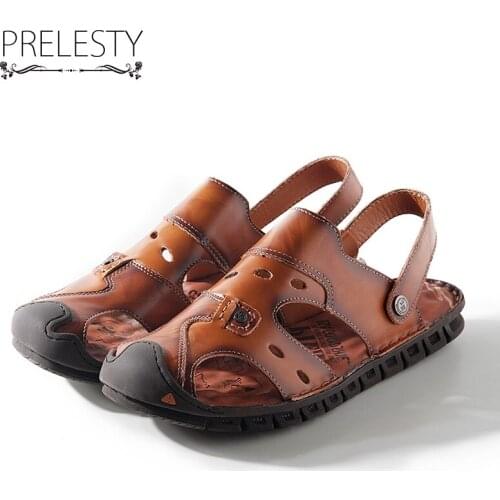 Prelesty Men Causal Sandals Closed Toe Non-slip Outsole Fashion Novelty Style Slippers Two Wearing Style Split Cow Leather DS