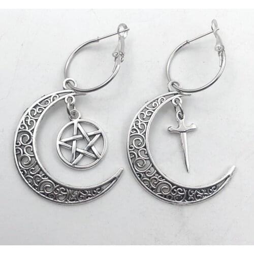 Pentagram Crescent Moon earrings ,Moon and Star earring,sword Pagan earring,Magic wand Wiccan earring,Pentagram moon