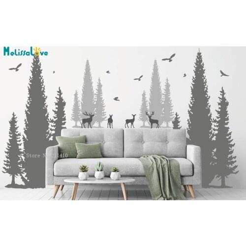 Pine Tree With Deers Wall Decals Large Size Forest Decor With Deers and Birds Nursery Custom Color Murals YT5284