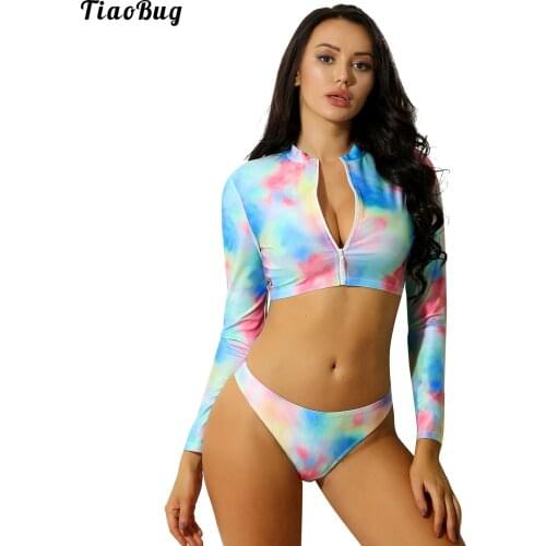 TiaoBug Summer Women 2Pcs Tie Dye Swimsuit Sporty Rash Guard Sexy Long Sleeve Crop Top High Cut Thong Bikini Beach Set
