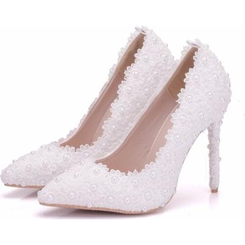 Sexy Pumps Wedding Women Fetish Shoes women pumps Party banquet Lace PU Rhinestones Slip On 11CM Thin High Heels Pointed Toe