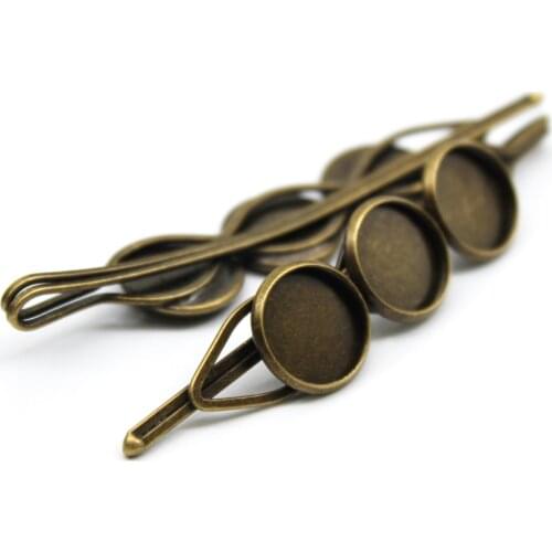 10mm 12mm 10pcs Copper Hair Clips Antique Bronze Brass Plated Hairpin Cameo Glass Cabochons Base Supplies for Jewelry
