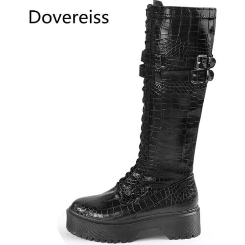 Dovereiss Fashion Womens Shoes Winter new Elegant Buckle Round toe Platform Knee high boots Cross tied Concise Mature 34-45