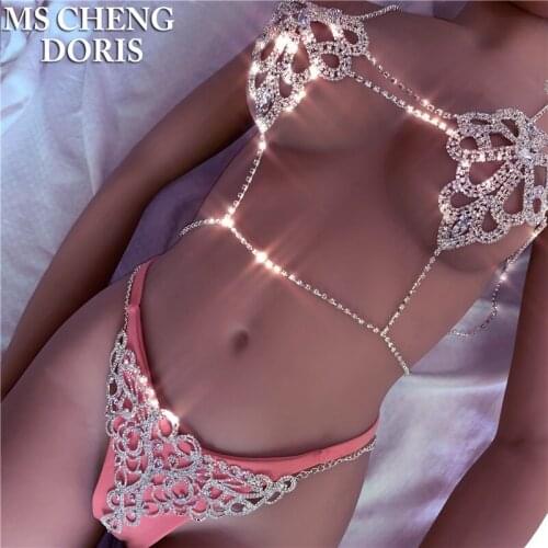Rhinestone Lingerie Sexy Glam Body Jewelry Bra Necklace for Women Crystal Body Chain Harness Underwear Thong Panties Valentines