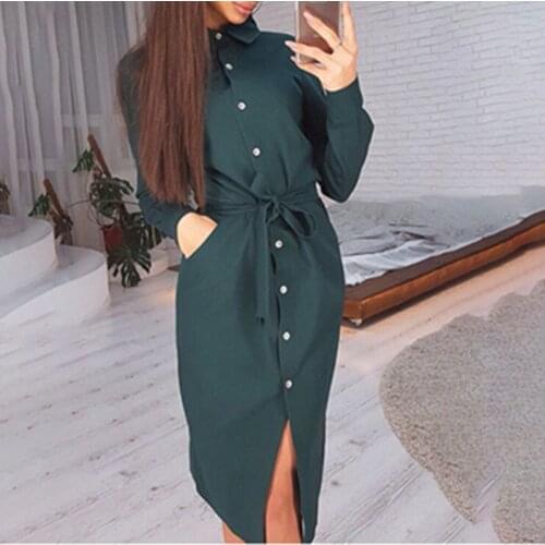 Spring and Summer Casual Womens Dress Mid-length Shirt Dress Womens Long-sleeved Button Retro Office Fashion Dress