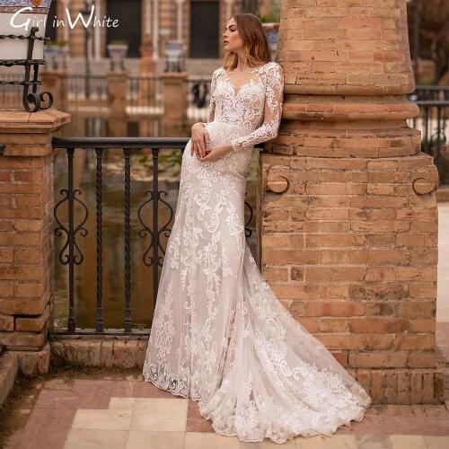 Sexy Appliques Mermaid Wedding Dresses 2021 Lace Flowers Long Sleeves V-Neck Trumpet Bridge Gown Vestido De Novia