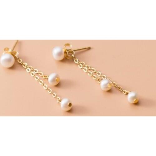 18K Gold 100% Real. 925 Sterling Silver Fine Jewelry Freshwater Pearl Threader earrings Chain Tassel Dangle Front &Back C-G7056