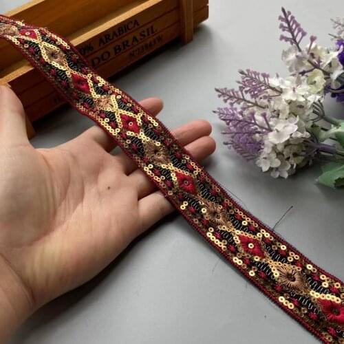 2 Yards 3.2 CM Ethnic Red Gold Thread Sequins African Lace Trims Geometric Lace Ribbon DIY Sewing Dress Decoration Bridal Lace