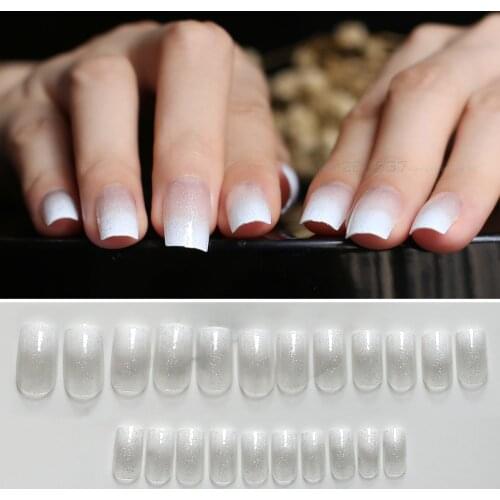 Fake Long false nails yellow flash Gradient 24pcs Milk white Naturally transparent Full set shiny with Stickers Easy match