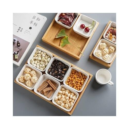 Japan Style Bamboo Tray Ceramic Bowl Dish Set Tableware Mini Food Container Snack Plate Fruit Cake Dessert Plate Kitchen Tray