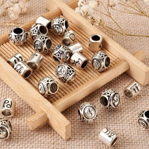 24pc Antique Silver Color Round/Column Spacer Bead with 12Constellation European Large Hole Beads for Jewelry Charm Bracelet DIY