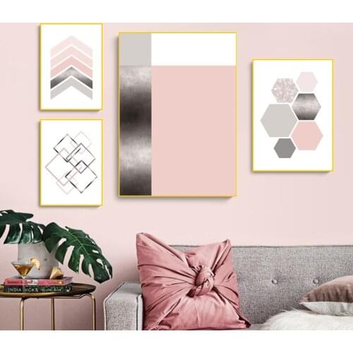 Geometric Abstract Canvas Painting Poster Wall Art Blush Pink Gray Silver Minimalist Bedroom Prints Pictures Living Room Decor