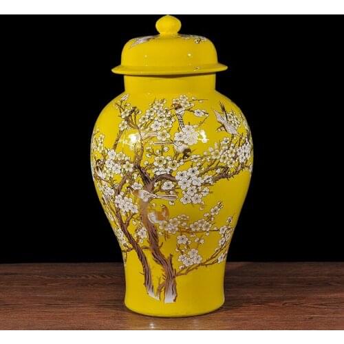 China temple jar bird and flower large ceramic jars lid plum blossom painting ginger jar vase to restaurant and home decoration
