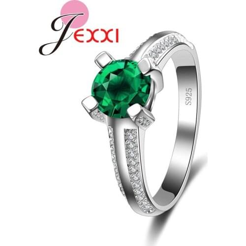 Classic Women Wedding Jewelry Clear Green Round Crystal Finger Rings Fashion Stamp Silver Rhinestone Rings
