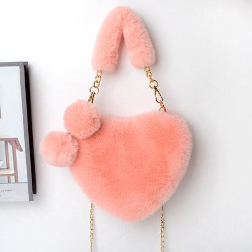 Fashion Faux Fur Bags 2021 Chain Shoulder Bag Lady Headband And Purse Set Fashion Heart-shaped Fur Handbag