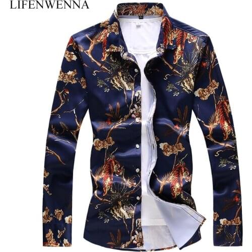 LIFENWENNA Fall Mens Daily Going Out Luxury Shirt Basic Plus Size Slim Floral Animal Print Spread Collar Navy Long Sleeve Shirt