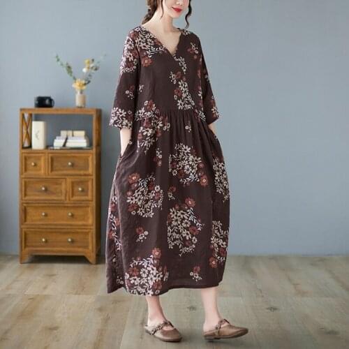 Thin Soft Cotton Linen Loose Summer Dress V-neck Print Floral Vintage Dress Holiday Travel Casual Women Beach Style Midi Dress